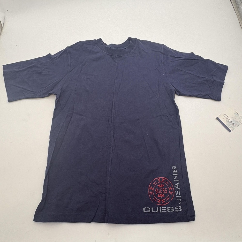 Guess Jeans Shirt Boys 12-14 Blue Logo Embroidered Short Sleeve Tee Top Casual